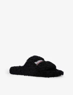 Balenciaga Logo-embroidered Faux-shearling Sliders 8 Balenciaga Logo-embroidered Faux-shearling Sliders -Dune Shop R03756350 BLACK ALT02