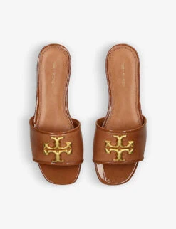 Tory Burch Eleanor Logo-plaque Leather Slides -Dune Shop R04181164 TAN ALT01