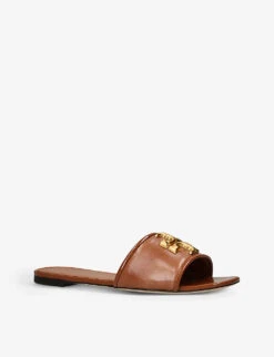 Tory Burch Eleanor Logo-plaque Leather Slides -Dune Shop R04181164 TAN ALT02