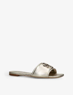 Tory Burch Eleanor Logo-plaque Metallic Leather Slides -Dune Shop R04181166 GOLD ALT02